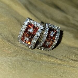 Sparkly CZ & Warm Bright Orange Crystal Formal Dressy Rectangular Earrings